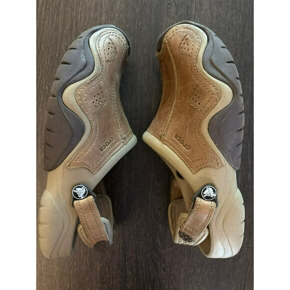 Crocs Swiftwater Men's Leather Tan Slip-On Shoes With Adjustable Heel Strap Siz - Picture 5 of 9